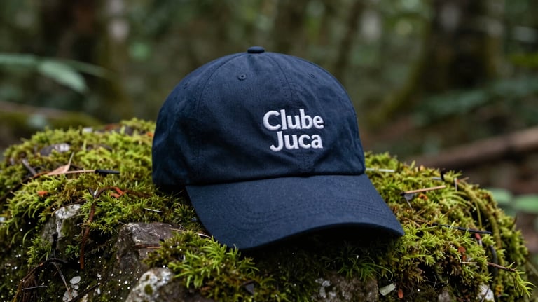 A dark blue cap with the Clube Juca logo embroidered on the front, placed on a mossy rock in a South American / Brazilian forest setting.