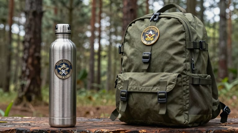 A durable aluminum water canteen and a compact backpack with scout badges, positioned against a background of Brazilian pine trees.