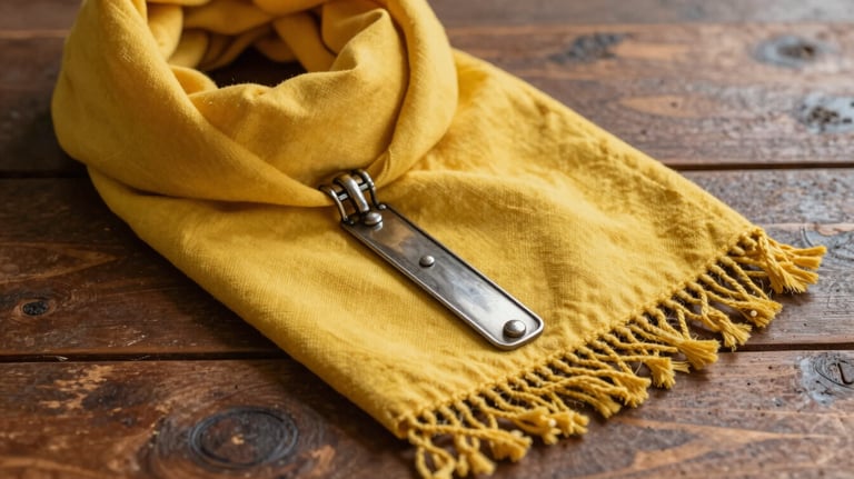 Detailed shot of a yellow Desbravadores scarf with a metal arganel slide, resting on a rustic wooden table, South American / Brazilian daylight.