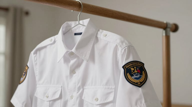 Close-up photography of a pristine white Desbravadores uniform shirt with official patches on the sleeve, hanging on a wooden rail, soft natural indoor lighting.
