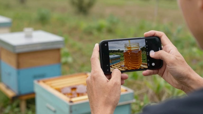 A digital content creator using a smartphone to film a behind-the-scenes video of honey being harvested in a North American / US apiary.