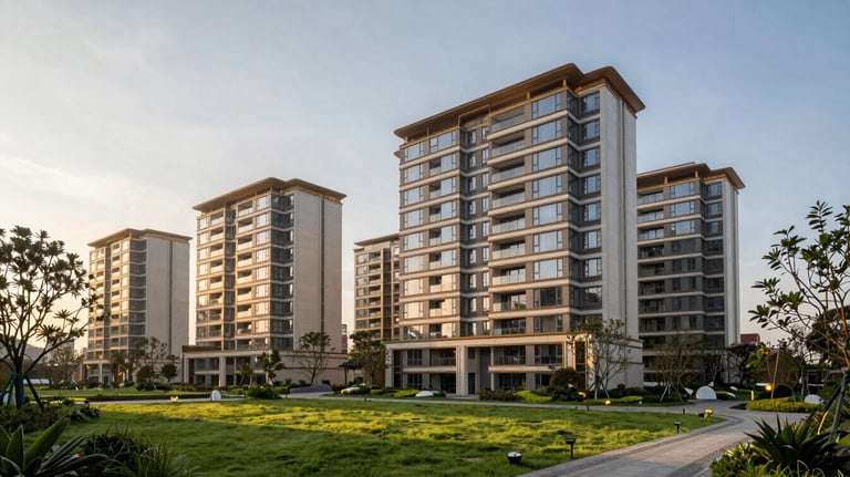 An architectural photograph of a luxury real estate development in Vietnam during the golden hour, showing modern building facades and lush landscaping.