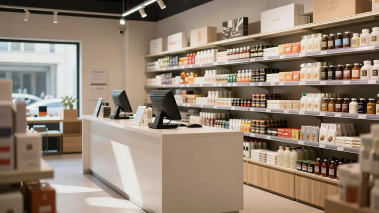 A clean, modern retail store interior in Vietnam showing organized product shelves and a sleek checkout counter, photographed in natural bright light.