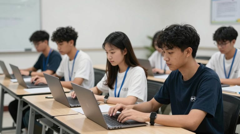 A modern classroom or vocational training center in Southeast Asia with students using laptops in a collaborative, professional environment.