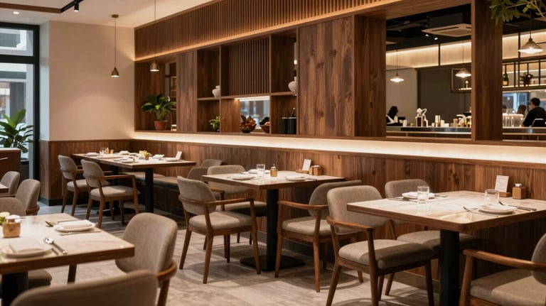 A professional interior photograph of a modern, stylish Vietnamese restaurant in Ho Chi Minh City, showcasing elegant wooden furniture and warm lighting, emphasizing a clean and inviting atmosphere.