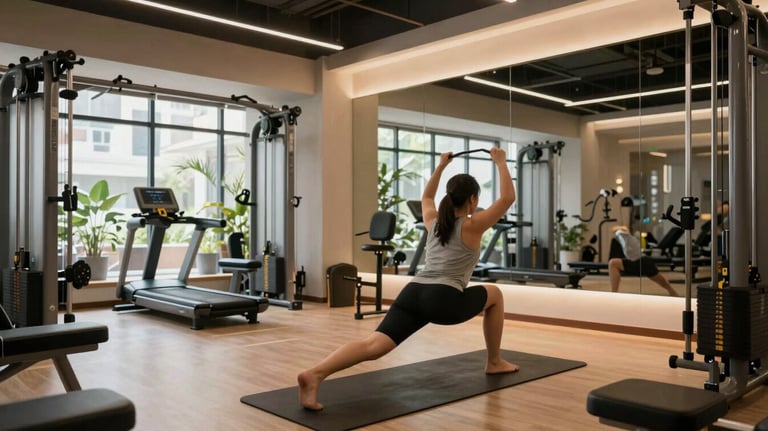 An action-oriented photograph of a high-end gym and yoga studio in Ho Chi Minh City with modern equipment and a serene atmosphere, featuring professional lighting.