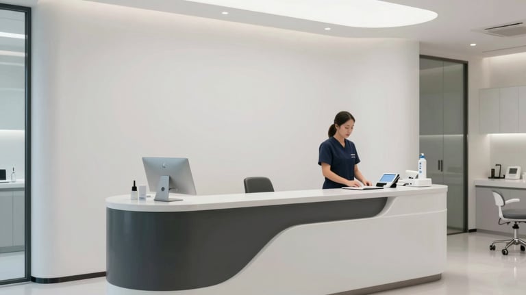 A bright and sterile modern dental clinic or high-end spa reception area in Southeast Asia, featuring minimalist white and charcoal decor with professional staff in the background.