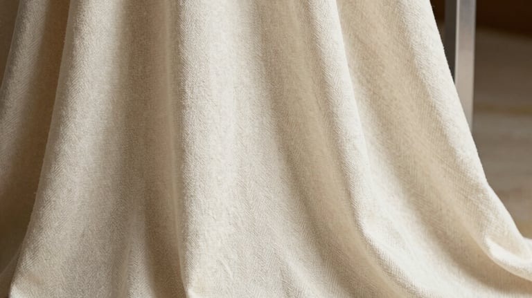 A close-up shot of ivory linen fabric with a subtle herringbone weave, draped over a silver display stand, International / Western elegance.