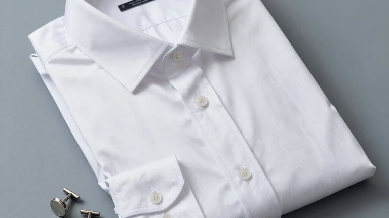 An overhead shot of a white silk shirt neatly folded on a gray-blue surface, accompanied by a pair of silver cufflinks, International / Western luxury.