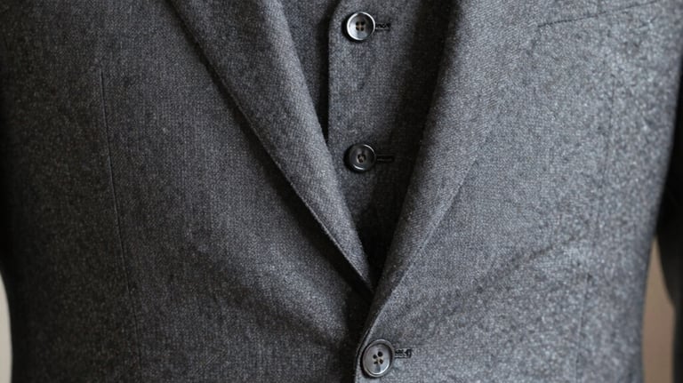 A close-up photograph of a three-piece suit in soft gray wool, showcasing the precision of the stitching and the luxurious texture of the fabric, International / Western.
