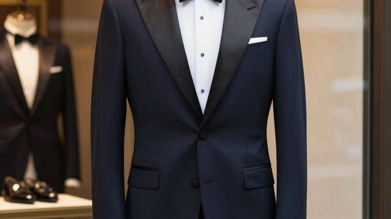A sophisticated evening tuxedo in deep navy with black satin lapels, displayed in a high-end boutique window, International / Western style.