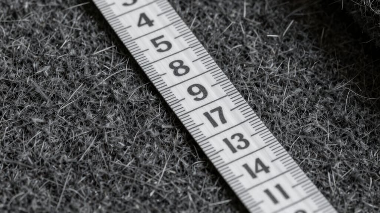 A macro shot of luxurious charcoal cashmere fabric being measured with a silver tape measure, illustrating precision and luxury, International / Western.
