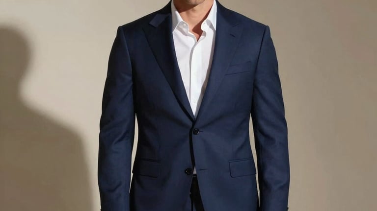 A studio photograph of a man wearing a bespoke navy blue suit, standing confidently in a luxury setting, soft directional lighting, International / Western style.
