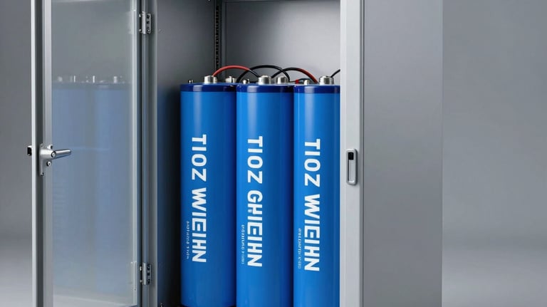Clean, studio-lit photograph of a modern lithium-ion battery storage cabinet with blue and silver accents. The lighting is professional and the style is futuristic yet trustworthy.