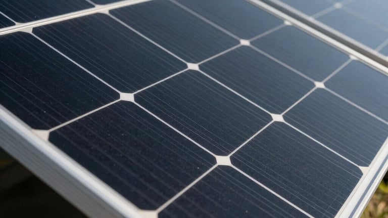 A close-up photograph of high-efficiency Mono PERC solar panels, showcasing the sleek black cells and modern silver frames under bright sunlight. The lighting is crisp and the composition is professional.