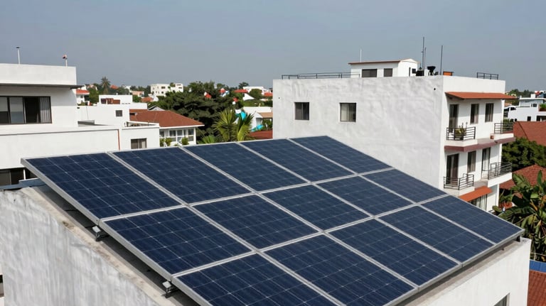 A residential rooftop in a contemporary South Asian urban neighborhood featuring a clean, professional installation of multiple solar panel arrays, under a blue sky.