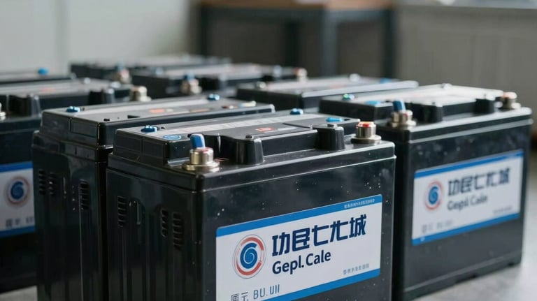 A row of robust deep-cycle gel batteries in a clean industrial utility room. The photography focuses on the durability and solid build of the units.