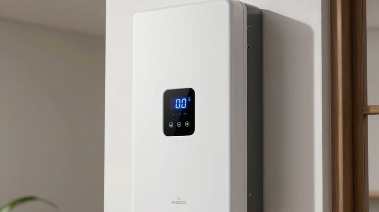 Photography of a sleek, white modern hybrid solar inverter mounted on a clean white wall inside a modern South Asian house. Soft natural lighting emphasizes the clean lines and digital display.