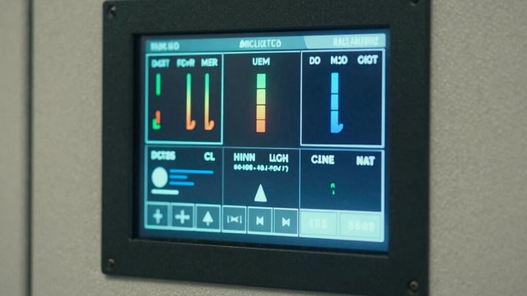 Close-up of a digital control panel for a battery management system showing clear blue graphics of energy levels and system health.