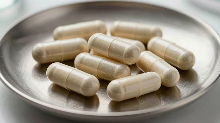 Elegant close-up of high-quality supplement capsules showing pure ingredients, resting on a polished steel plate, lighting consistent with a luxury Spanish / European clinical environment.