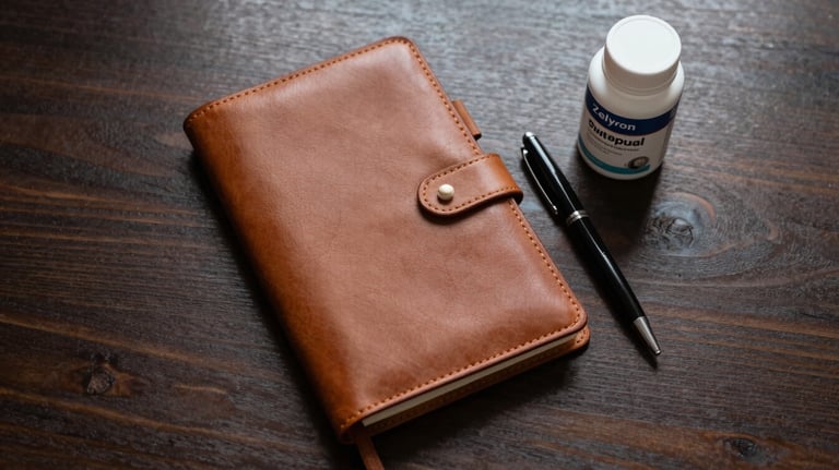 Top-down view of a sophisticated leather journal, a premium pen, and a Zelyron supplement bottle on a dark wood desk, Spanish / European style.