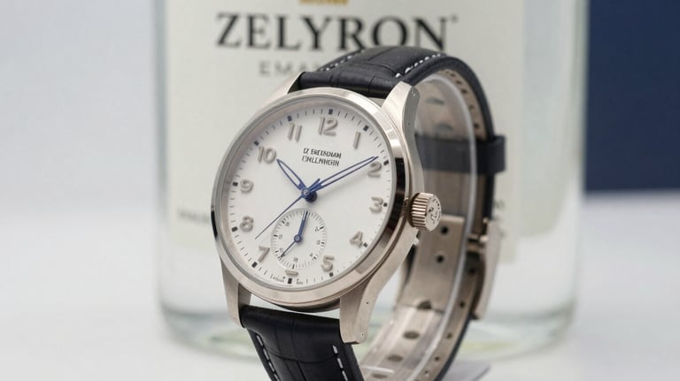 Close-up of a high-end designer watch next to a bottle of Zelyron, symbolizing peak performance and precision, in a soft white and muted blue lighting setting.