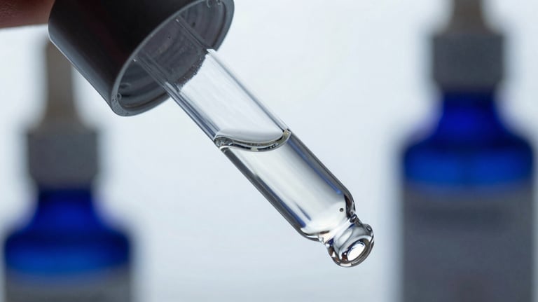 Professional macro photography of a glass dropper with a clear, crystalline liquid, reflecting a modern, premium laboratory aesthetic with deep navy blue accents.