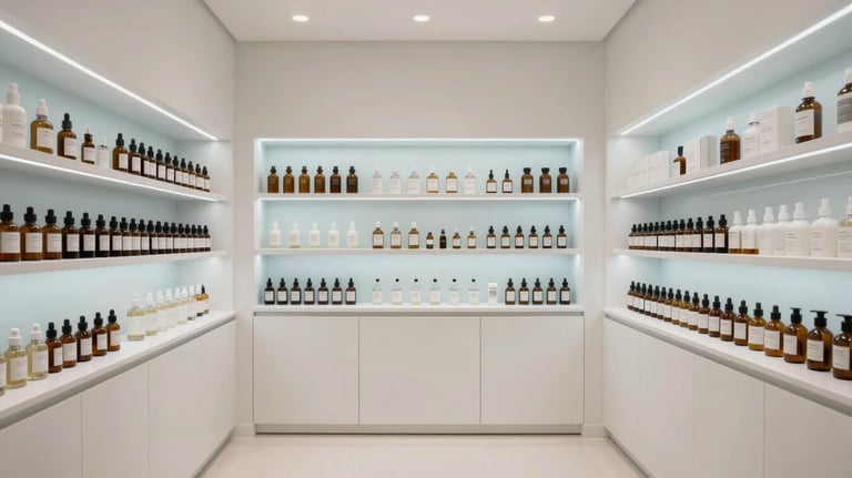 A minimalist and sophisticated interior of a high-end Spanish apothecary or clinic, with clean lines, soft white surfaces, and subtle blue lighting.