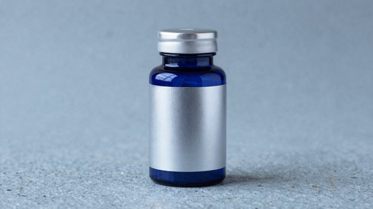 Studio photography of a premium supplement bottle made of dark cobalt glass with a minimalist silver label, placed on a light blue grey stone surface with sharp, professional lighting.