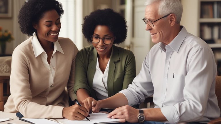 Caring consultant speaking kindly with a senior couple in a bright room