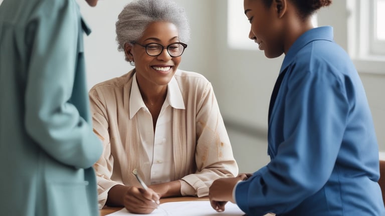 Professional notary meeting a client in a cozy home setting