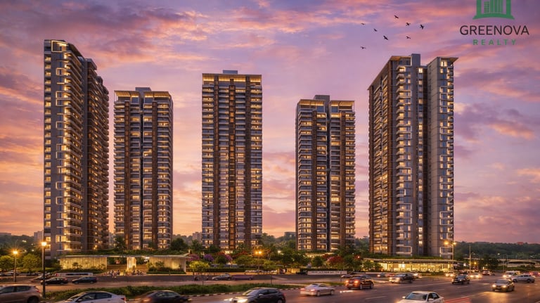 Modern luxury high-rise apartment towers at sunset with city traffic and a purple sky.
