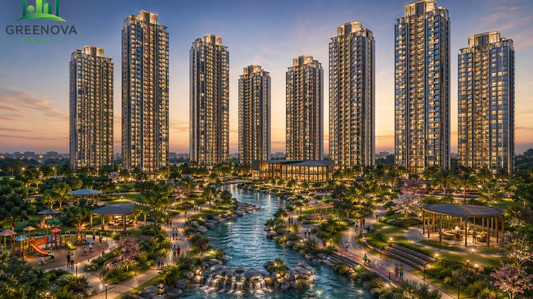 Luxury high-rise residential apartments at sunset with a landscaped park and scenic water feature.