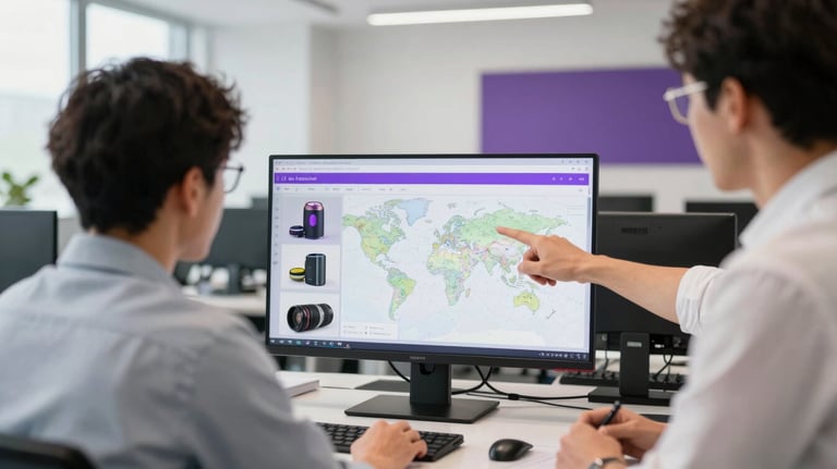 A professional scene of a creative team in a modern office, planning a digital export strategy. A person is reviewing product shots on a screen while others point to a map. Clean, white and purple accents. Global / International.