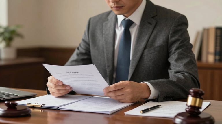 A professional North American / US attorney in a charcoal suit reviewing legal documents at a desk. The scene is lit with warm, sophisticated light, highlighting a clean and organized workspace.