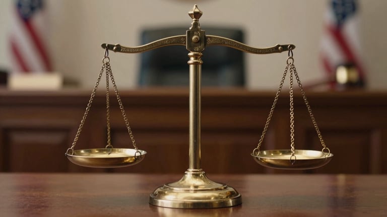 A detailed close-up of the scales of justice in polished gold, sitting on a dark wooden surface in a North American / US courtroom setting. Soft, dramatic lighting emphasizing symmetry and balance.