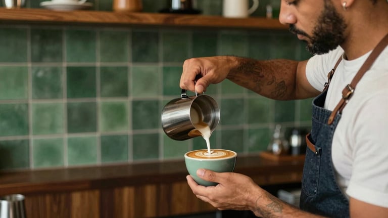 A beautiful shot of a specialty coffee bar in Brazil. The barista is pouring latte art into a ceramic cup. The decor features Matte Forest Green tiles and dark wooden accents.