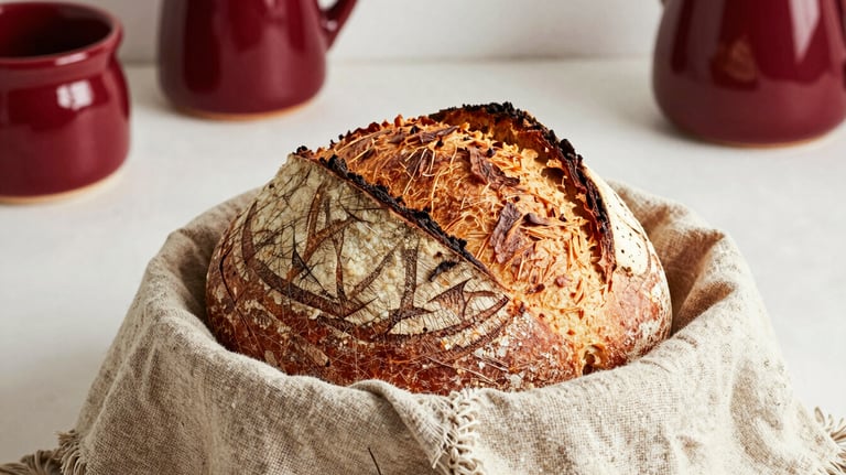 A high-quality photo of a basket of freshly baked artisanal sourdough bread resting on a rustic cloth. The setting is a bright, sunlit Brazilian kitchen with hints of Deep Carmine Red in the ceramics.
