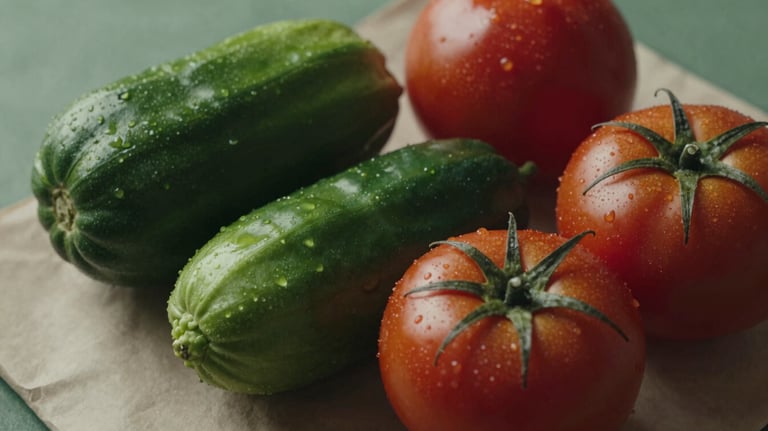Close-up of fresh, dark green vegetables and deep red tomatoes on a Parchment Green background, styled for a professional food photography shoot.