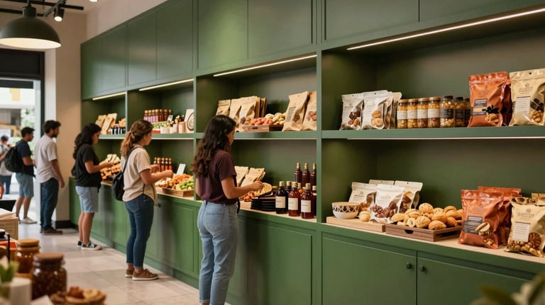 A vibrant photo of a modern South American food market with clean lines. Shoppers are browsing artisanal products displayed beautifully on Matte Forest Green shelves under warm, elegant lighting.