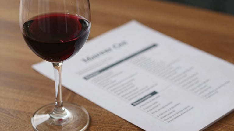 Close-up of a sophisticated wine glass filled with red wine, placed next to a modern marketing plan on a wooden desk. Soft, warm South American evening light fills the frame.