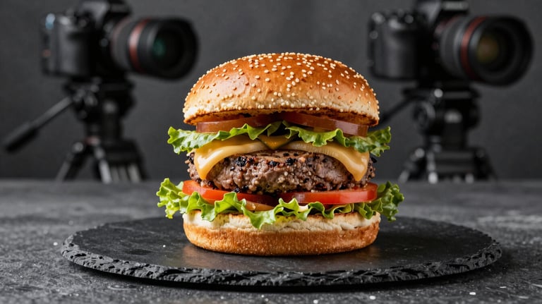A rustic but modern burger presentation on a dark slate plate, featuring colorful local ingredients. The background shows a professional camera on a tripod.