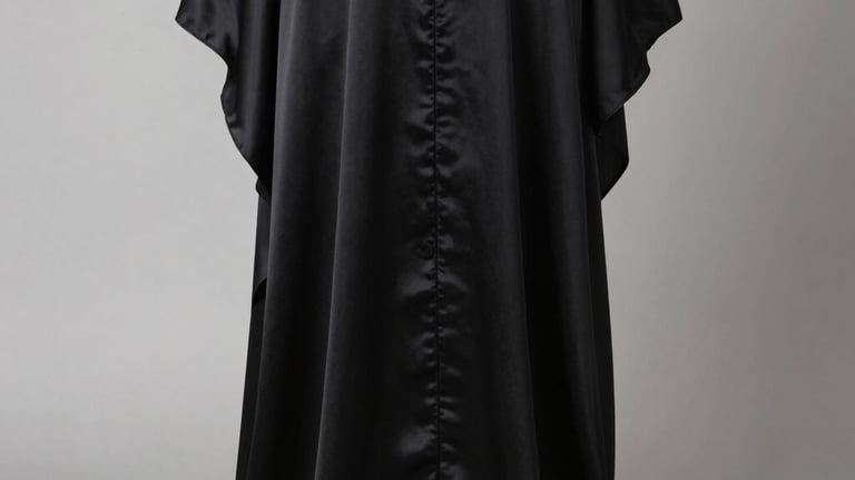 A detailed product photo of a deep black Armani silk abaya, showcasing the luxurious sheen and fluid movement of the fabric as it hangs from a minimalist wooden stand. Soft lighting in a Middle Eastern / Gulf setting.