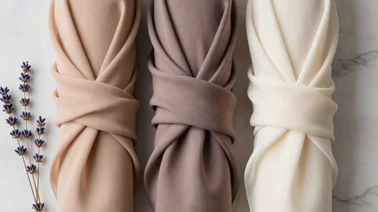 A flat lay image of three rolled chiffon hijabs in shades of beige, taupe, and cream arranged on a light marble surface with a sprig of dried lavender. Soft, airy, and professional photography. Middle Eastern / Gulf aesthetic.
