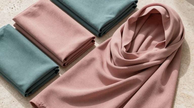 A flat lay photography showing a collection of modal hijabs in earthy English colors like dusty rose and muted teal. The fabrics are neatly folded on a light stone surface with natural morning light. Middle Eastern / Gulf aesthetic.