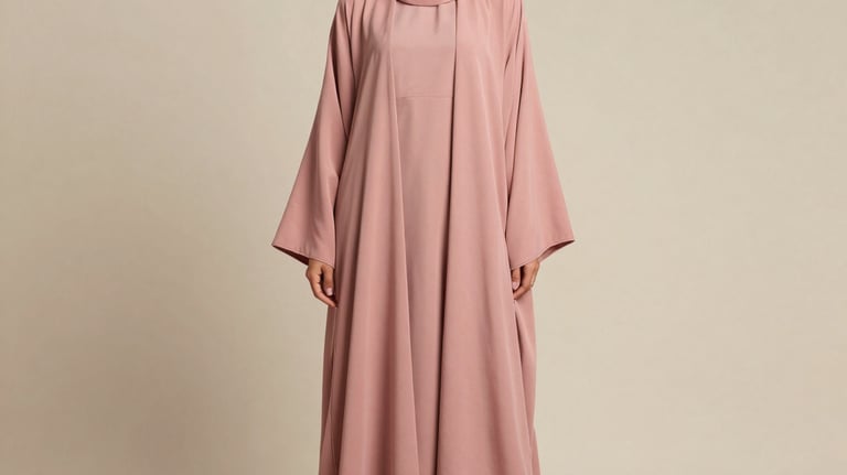 Full-length photography of a dusty rose abaya and matching inner dress set against a minimalist beige wall. The model is posed naturally to show the flow of the garment. Clean composition in a Middle Eastern / Gulf context.