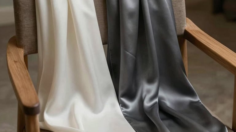 Two silk satin hijabs draped elegantly over a modern wooden chair in colors charcoal and off-white. The lighting is soft and cinematic, highlighting the reflective surface of the silk. Middle Eastern / Gulf lifestyle setting.