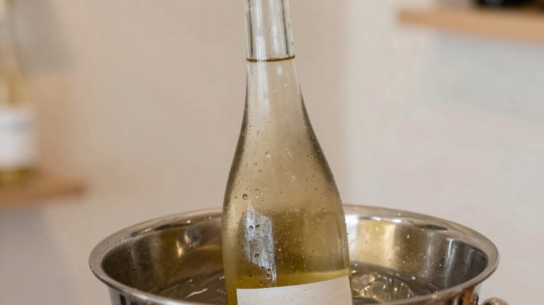 A close-up of a chilled white wine bottle in a modern silver ice bucket. Condensation beads on the glass. The setting is a bright, airy boutique shop corner with light sand-colored walls.