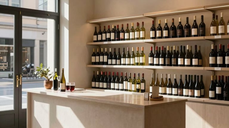 A wide shot of the boutique wine shop interior. A clean, sophisticated counter is in the foreground, and sunlight streams through a storefront window onto pale sand-colored walls and elegant shelving.