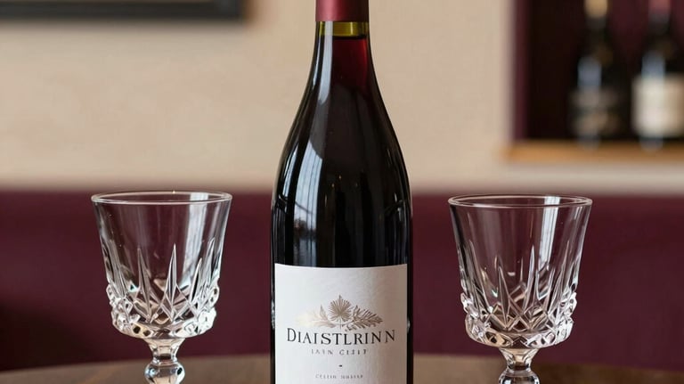 A sophisticated shot of an open bottle of red wine and two crystal glasses on a dark wood table. A blurred boutique shop interior is visible in the background, featuring warm sand and plum colored accents.
